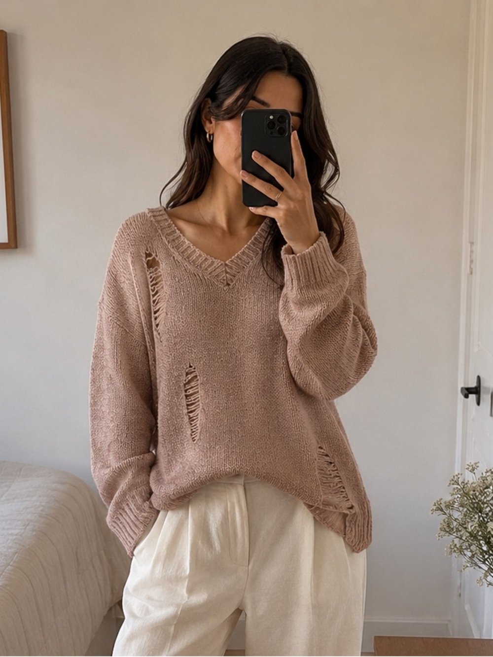 Zara Distressed Knit Sweater Pink Oversized V Neck Size S